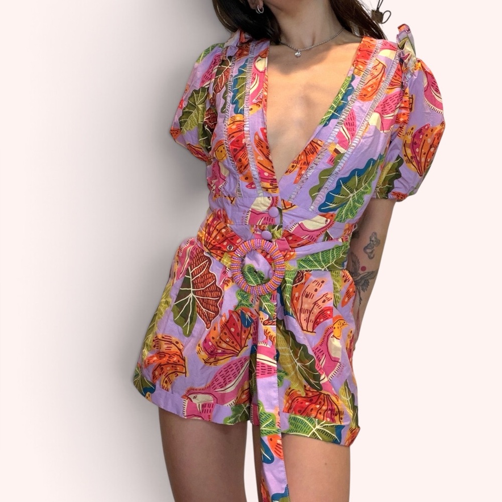 FARM Rio Lilac Beaks & Bananas Belted Romper Tropical Toucan